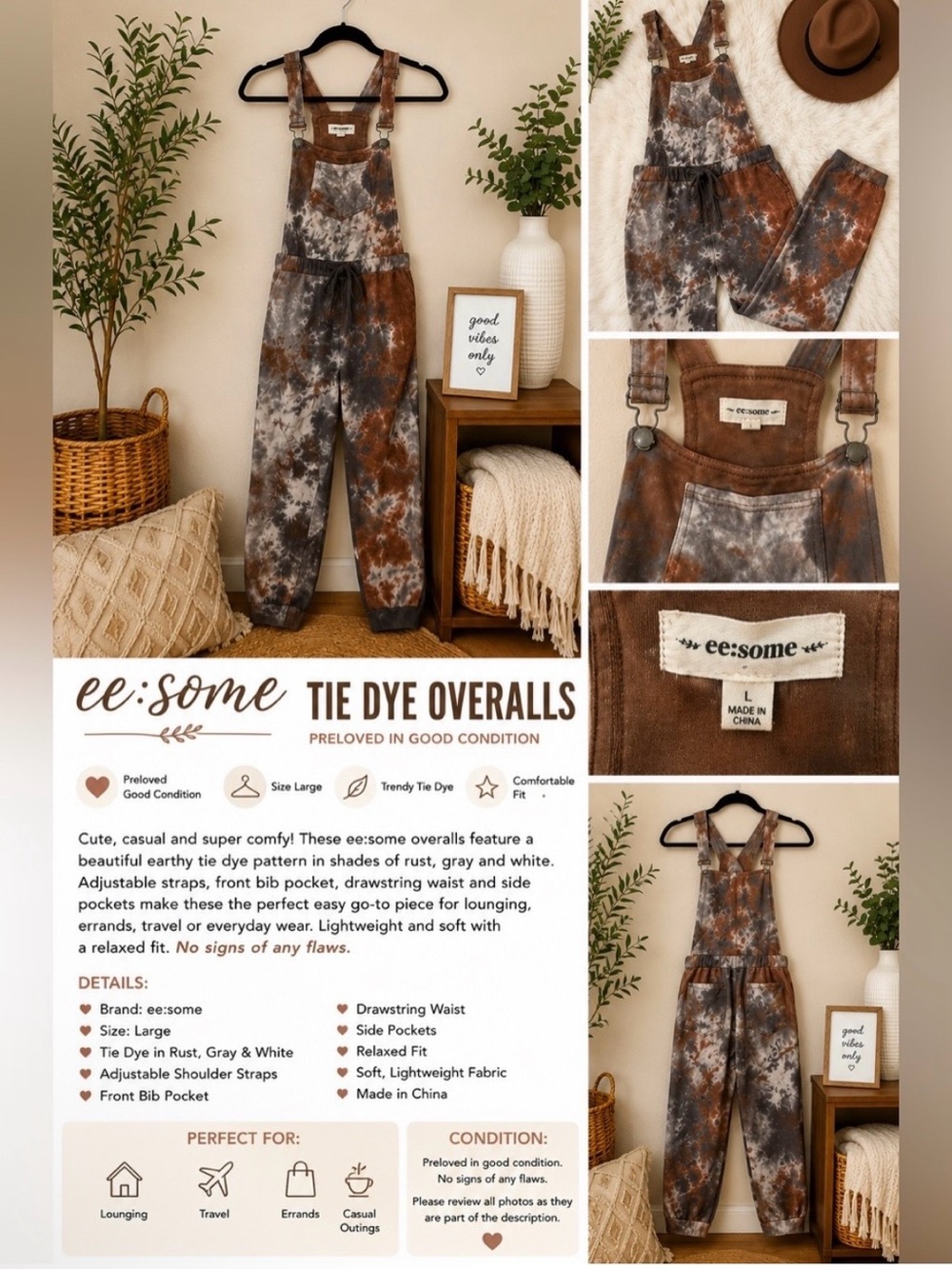 Tie-Dye Utility Overalls - Brown & Gray - Picture 2 of 2